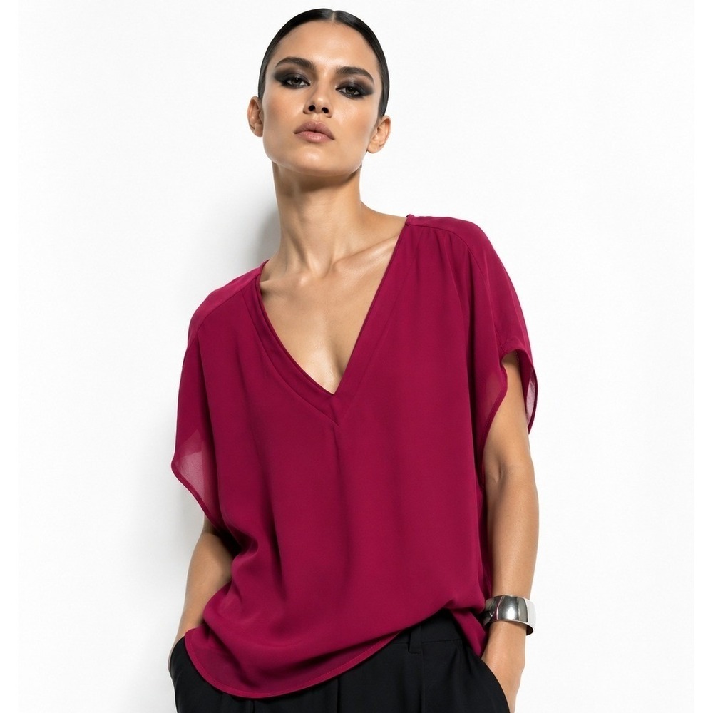 Les Serein Berry Pink V-Neck Mixed Media Chiffon Blouse Size XS NWT